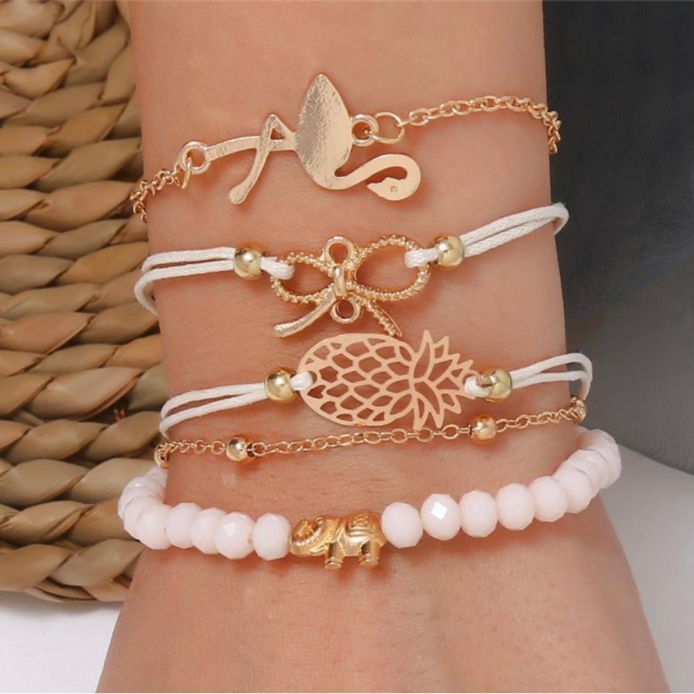 Boho Bracelet with Lucky Flamingo, Elephant, Pineapple, Bowknot Bracelet Set